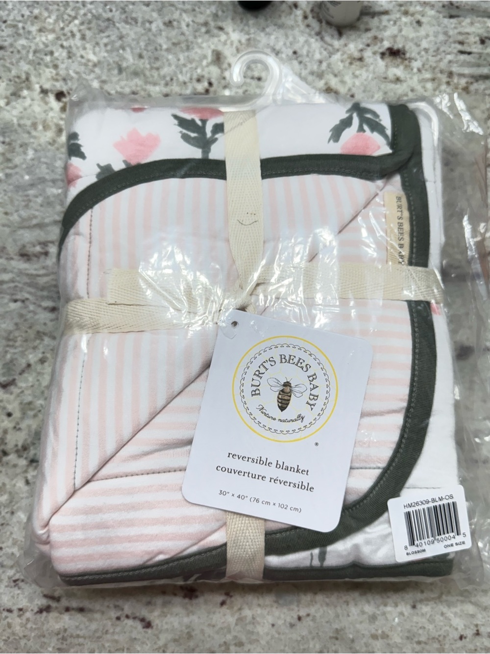 Burt's Bees Baby Pink Striped & Floral Reversible Blanket with Olive Trim